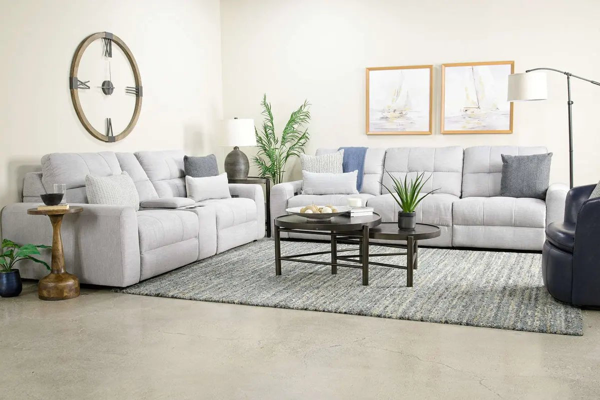 Power reclining sofa and console loveseat with cup holders